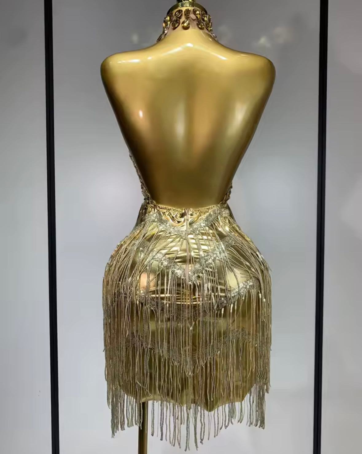 Sexy Gold Halter Open Back Crystal Tassel Dress
