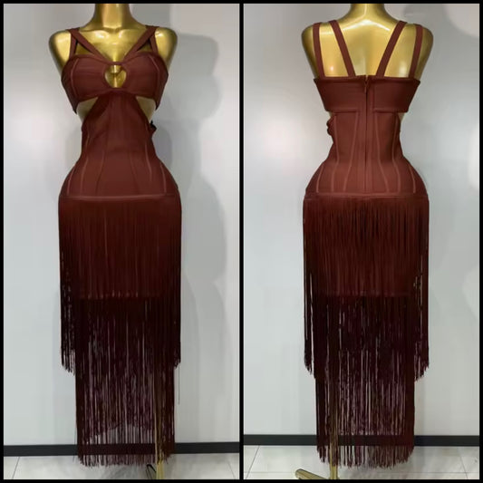 Maroon Sleeveless Sexy Tassel Bandage Long Dress