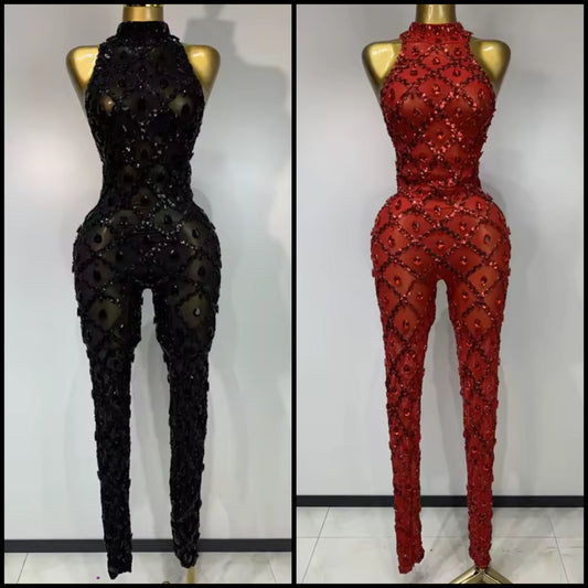 Crystal Mesh Sleeveless Sexy Jumpsuit