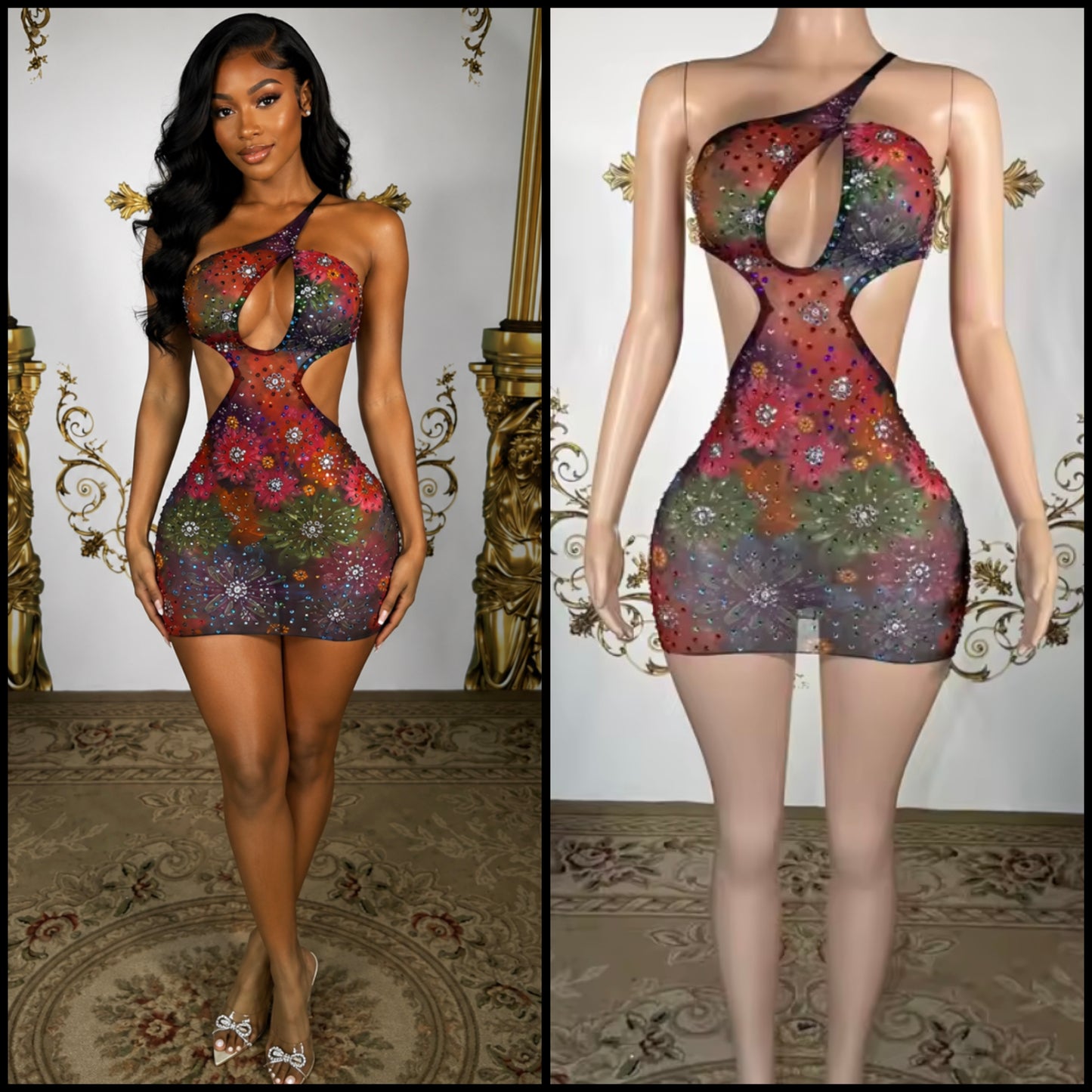 Sexy One Shoulder Sleeveless Colorful Rhinestone Dress