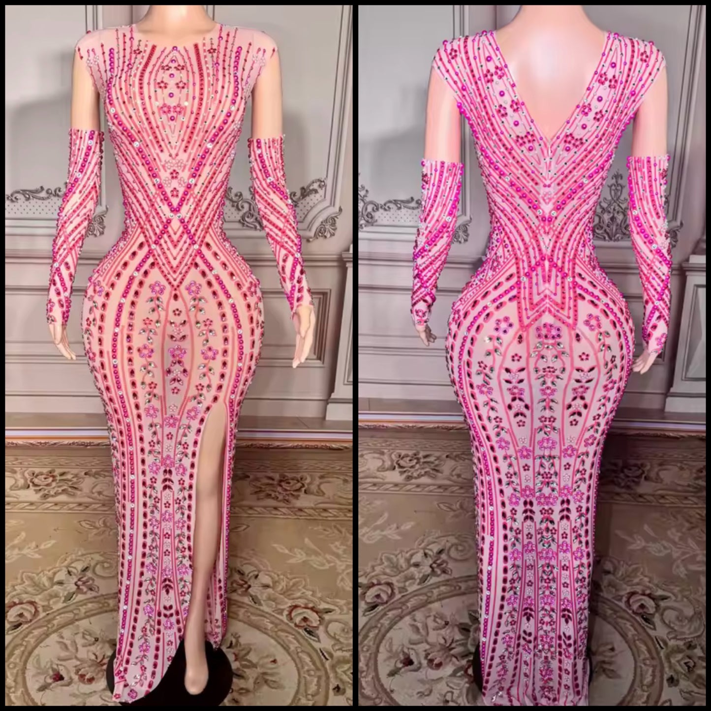 Elegant Pink Rhinestone Glove Sleeveless Maxi Dress