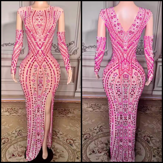 Elegant Pink Rhinestone Glove Sleeveless Maxi Dress