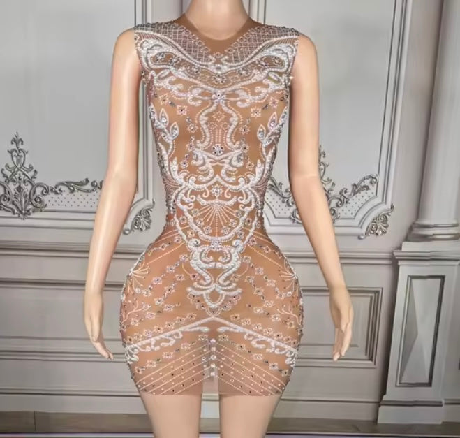 Sexy Sleeveless Rhinestone Printed See Through Dress