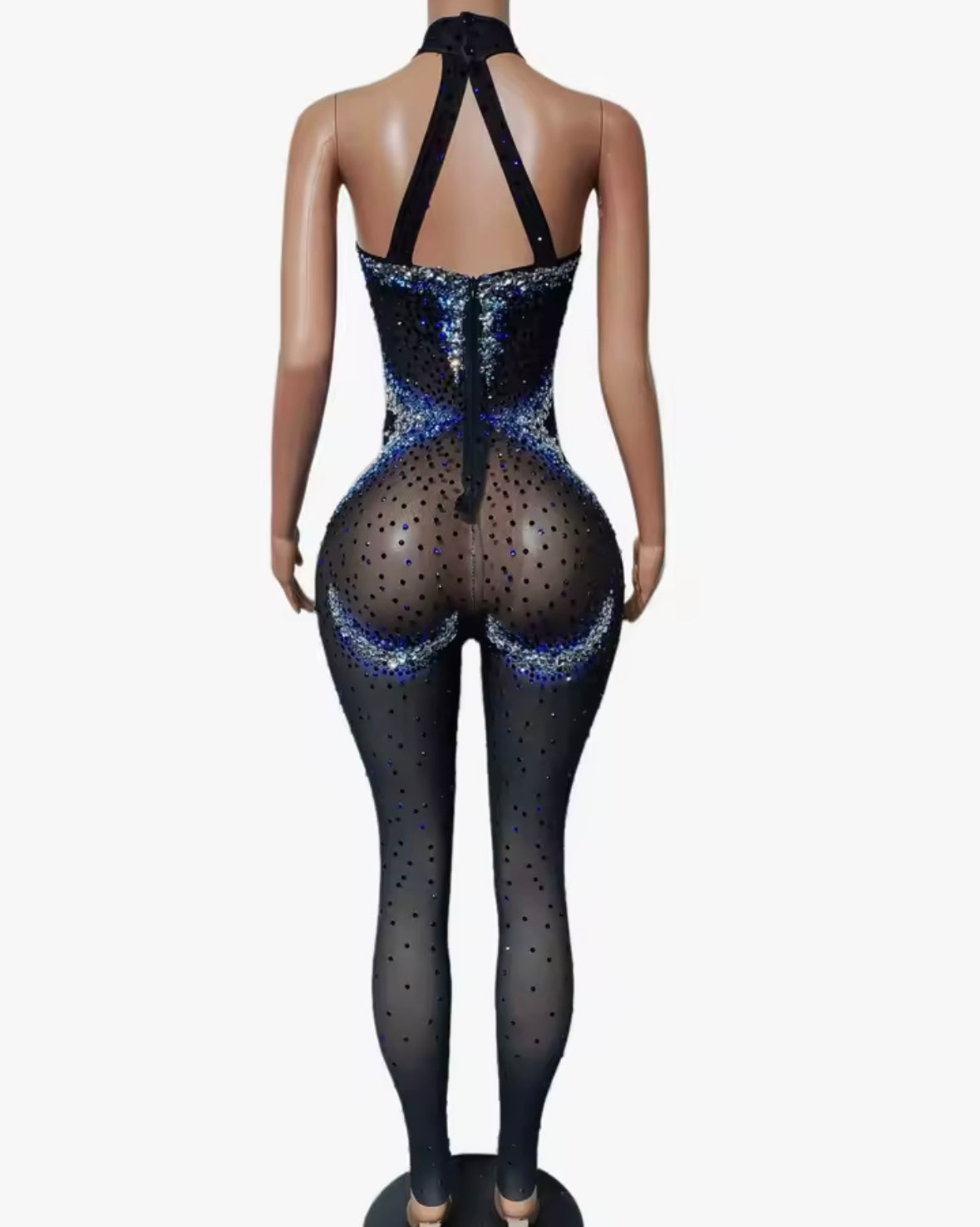 Sexy Sleeveless Color Patchwork Rhinestone See Through Jumpsuit