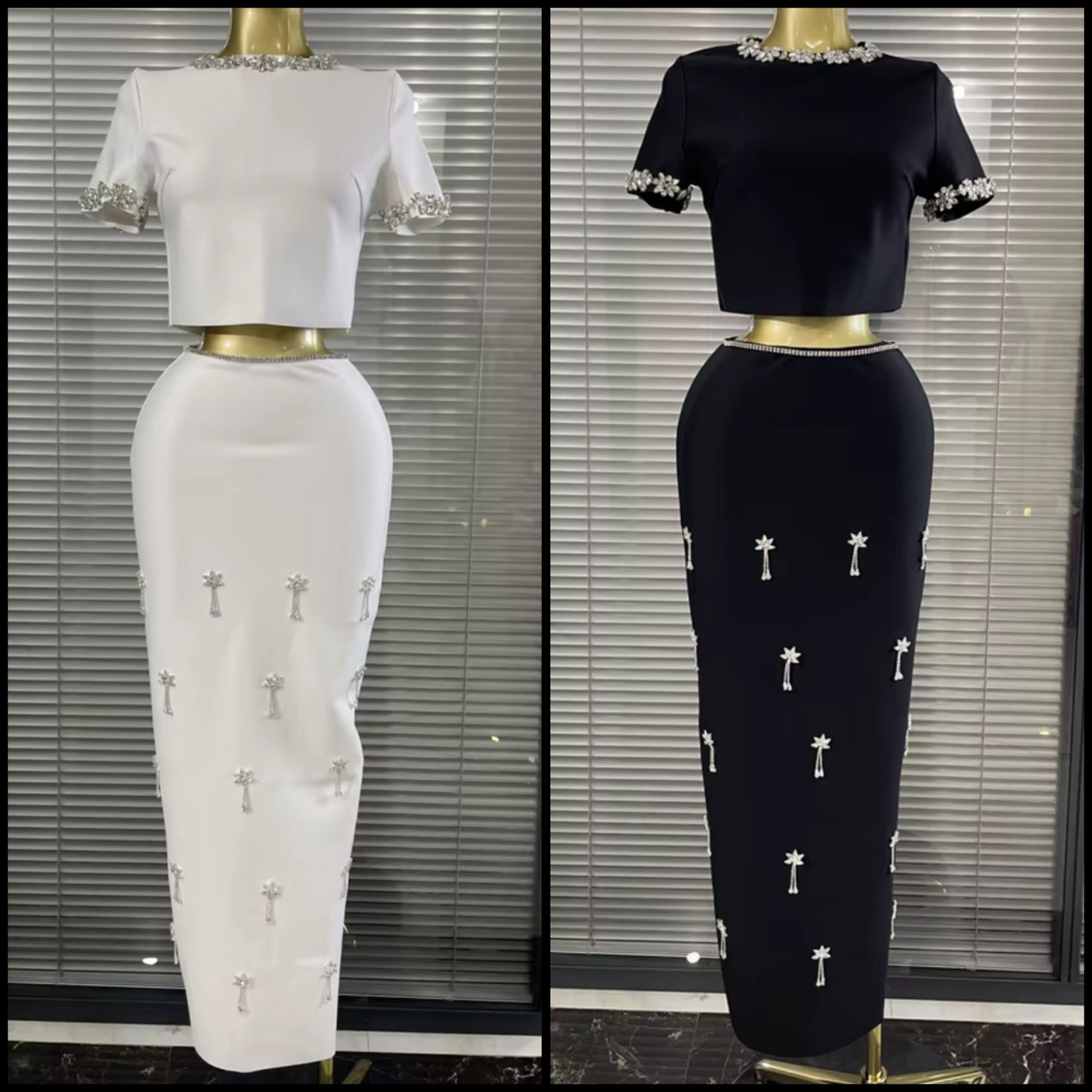 Elegant Rhinestone Embellishment Short Sleeve Maxi Skirt Set