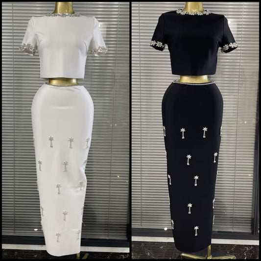 Elegant Rhinestone Embellishment Short Sleeve Maxi Skirt Set