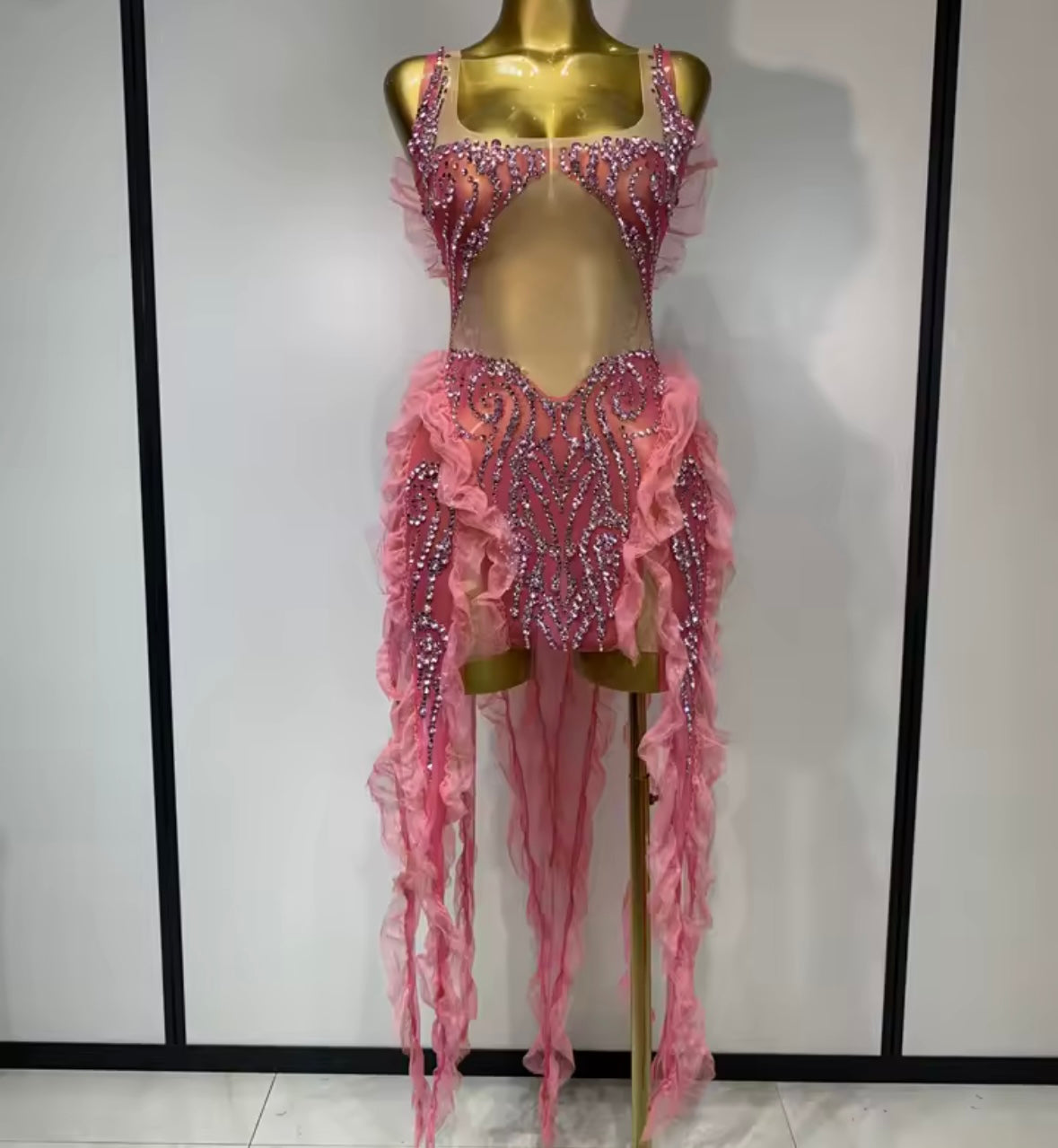 Sexy Pink Sleeveless Rhinestone Tassel Dress