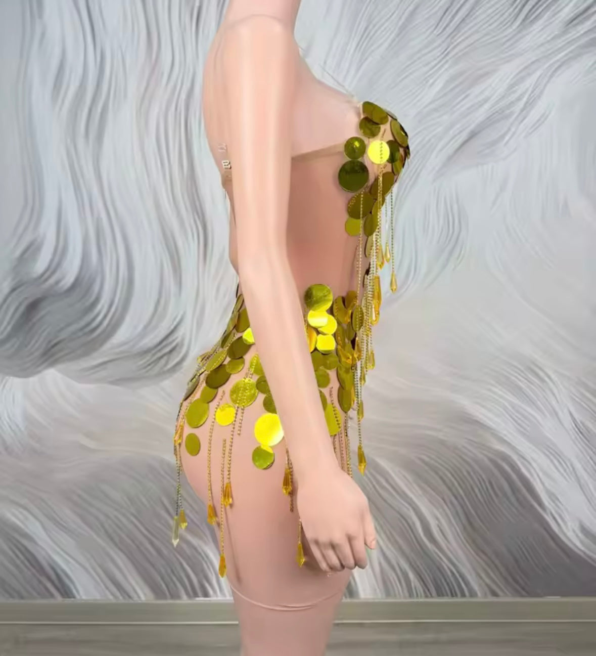 Sexy Sleeveless Gold Circle Sequins Tassel See Through Dress