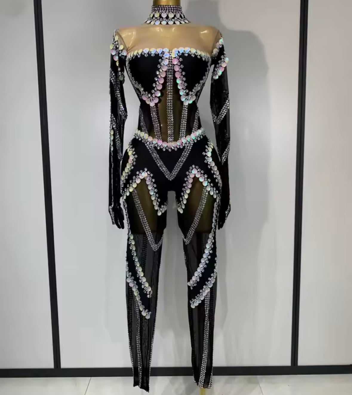 Sexy Black Sequins Crystal Choker Full Sleeve Jumpsuit