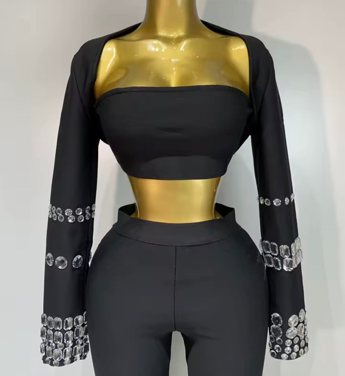 Elegant Black Rhinestone Three Piece Pant Set