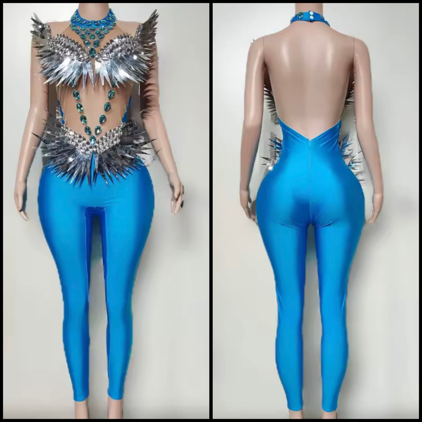 Sexy Halter Sleeveless Open Back Rhinestone Blue Jumpsuit
