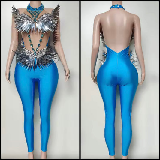 Sexy Halter Sleeveless Open Back Rhinestone Blue Jumpsuit