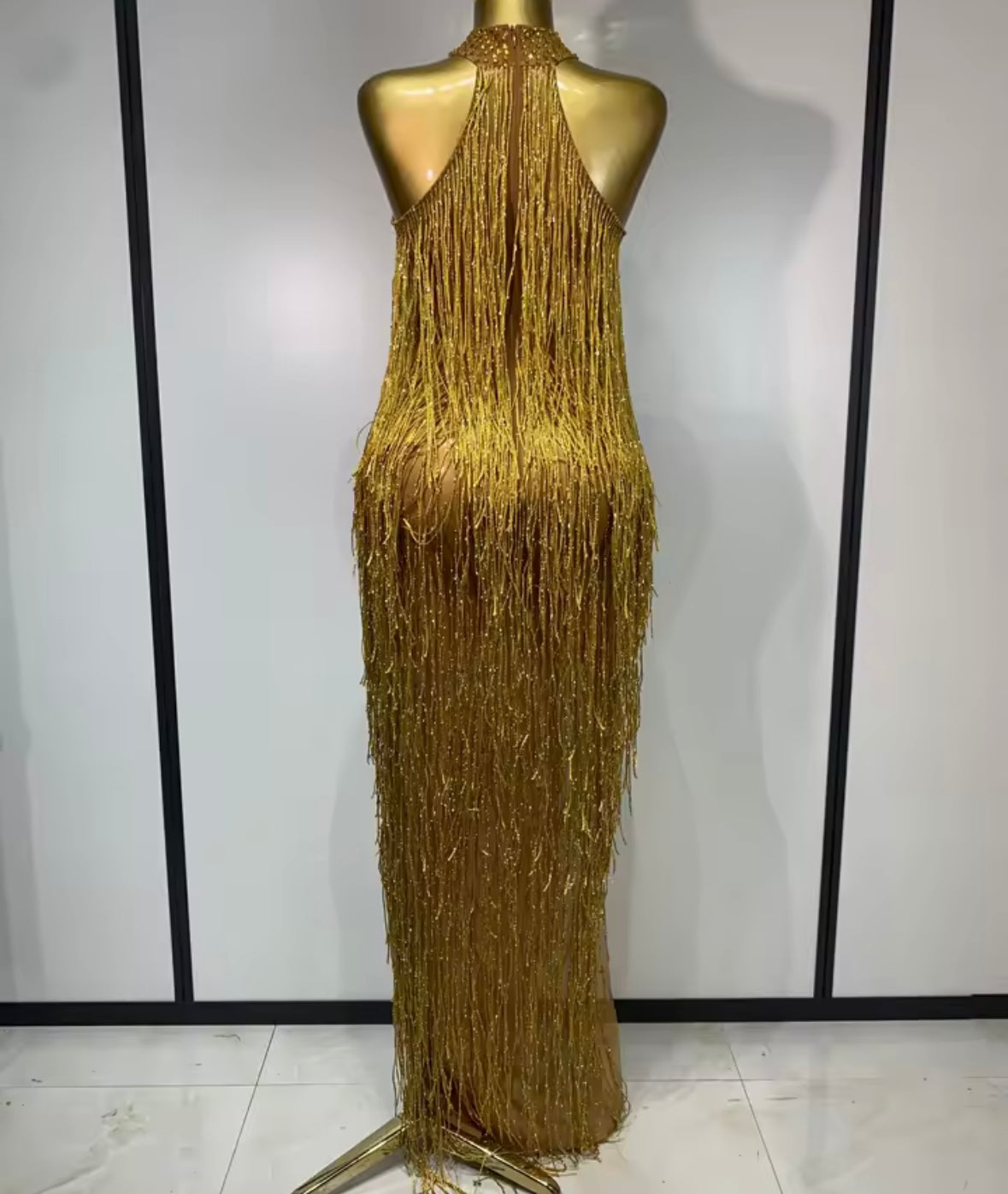 Sexy Halter Sleeveless Beaded Fringe Floor-Length Dress