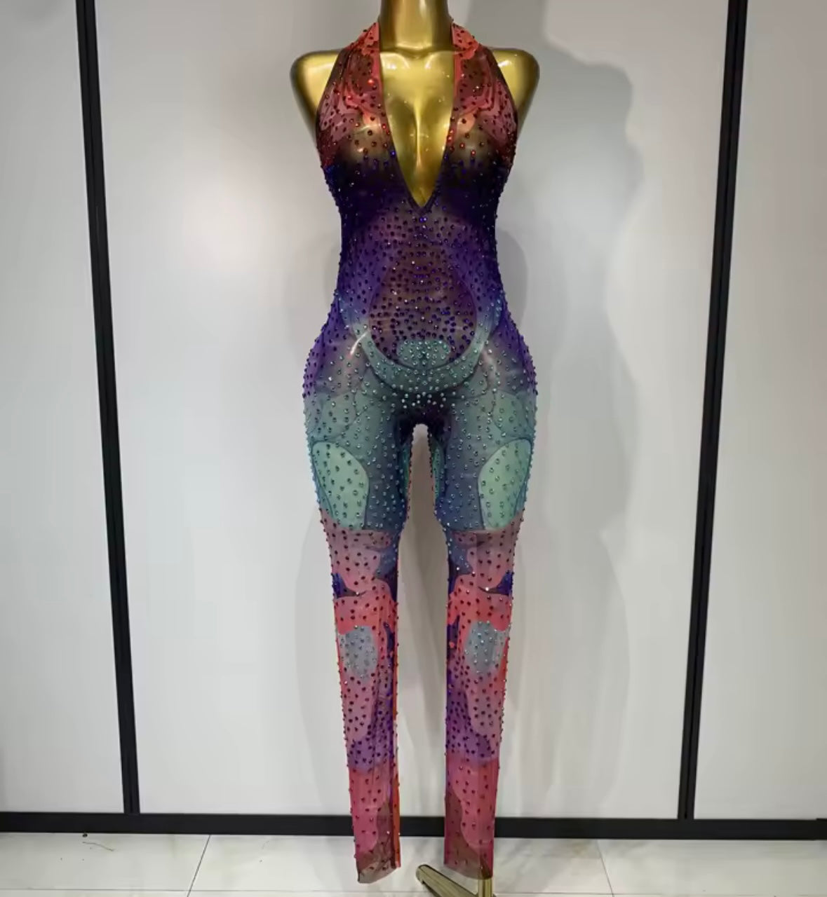 Halter Open Back See Through Colorful Rhinestone Jumpsuit