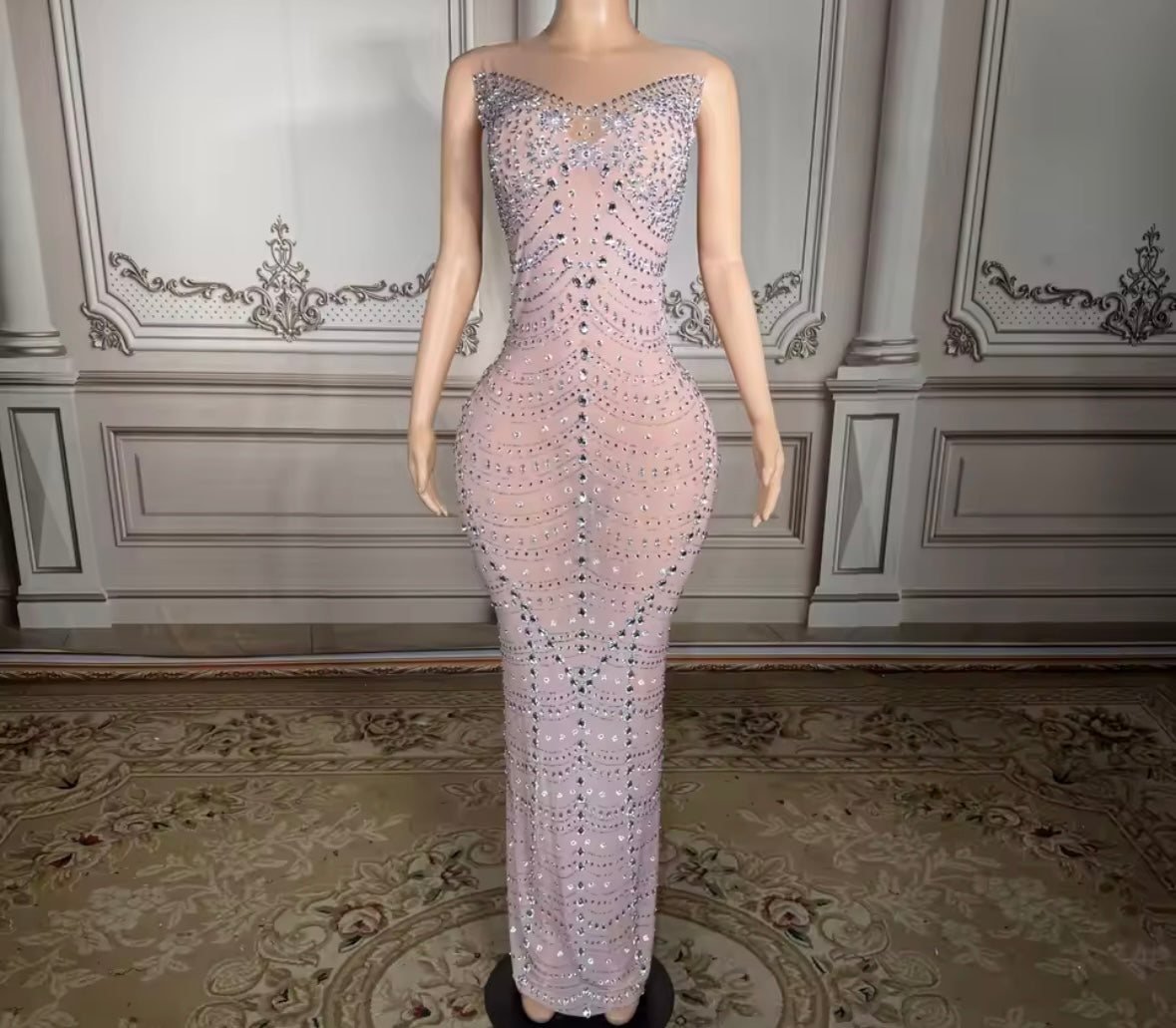 Sexy Pink Rhinestone Sleeveless Floor-Length Dress
