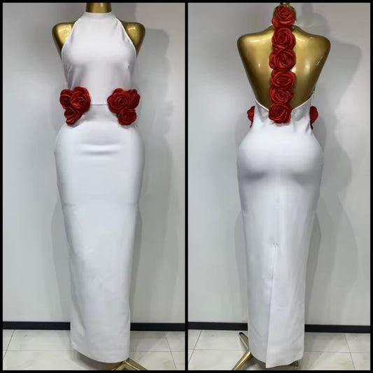 White Elegant Red Floral Sleeveless Floor-Length Dress