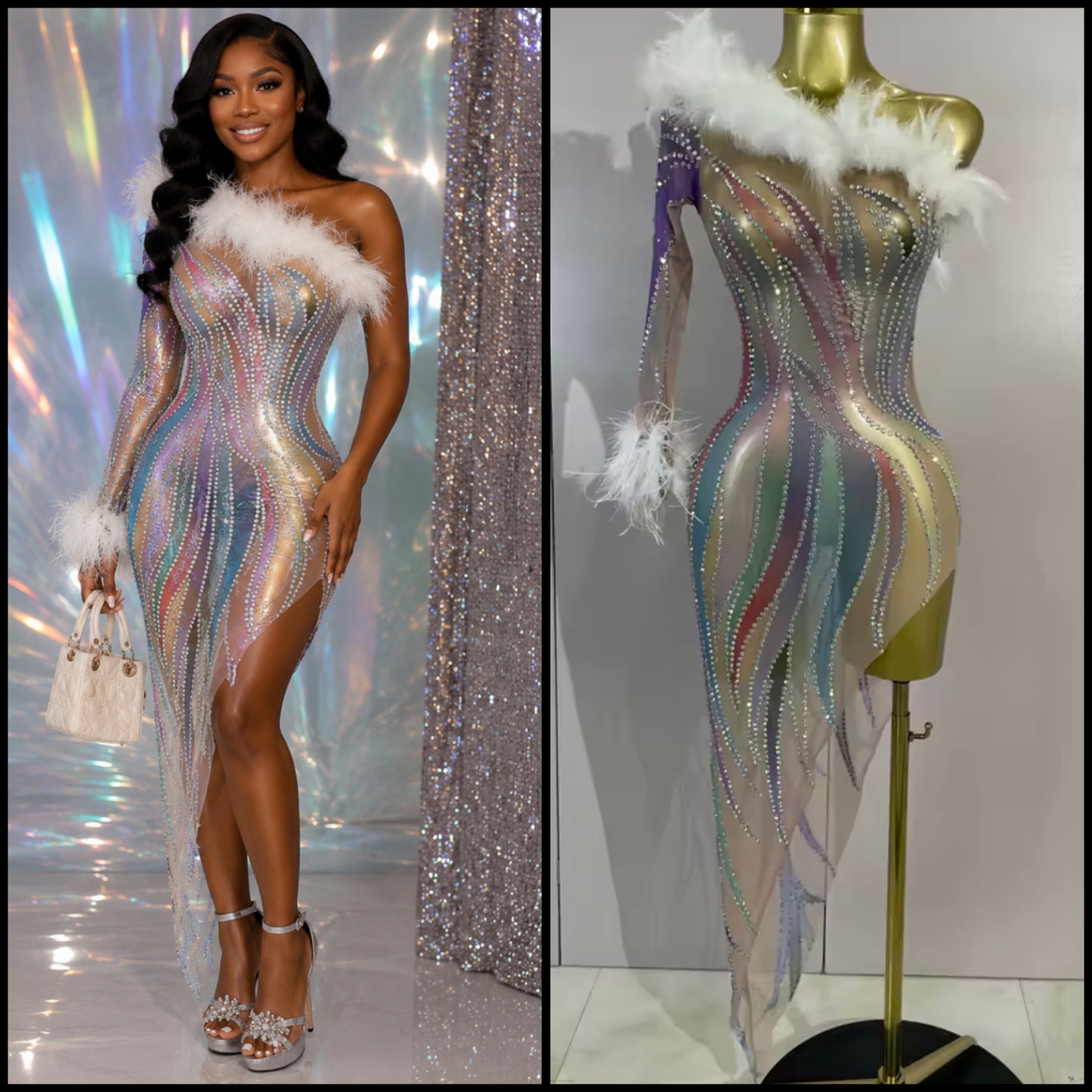Sexy Feather One Shoulder Multicolored Rhinestone Dress