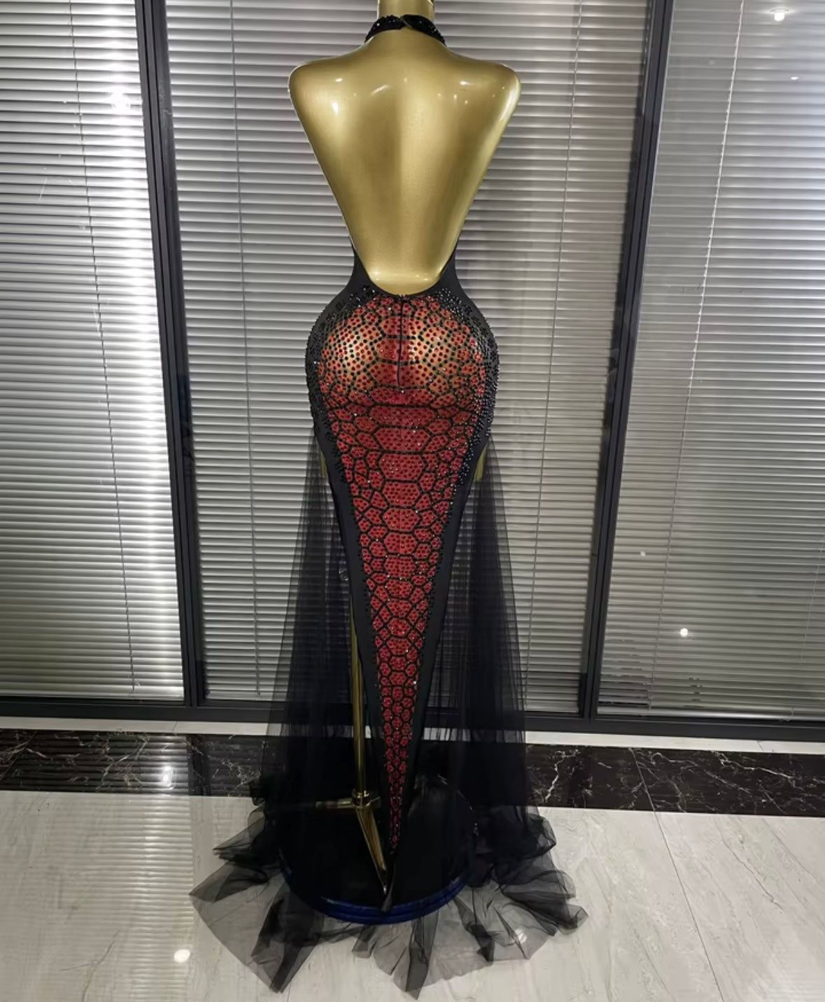Sexy Halter Sleeveless Snake Print Rhinestone Mesh Maxi Dress
