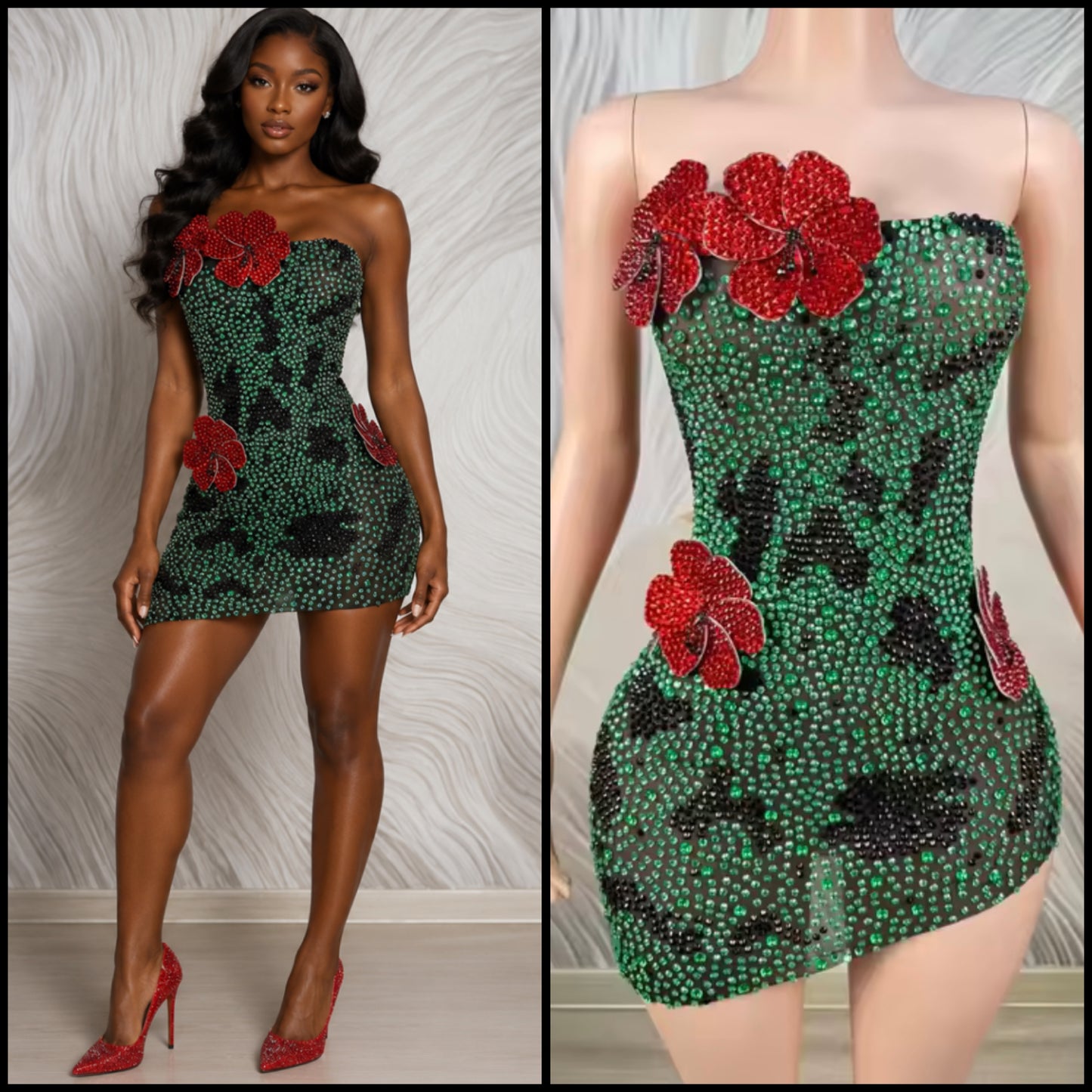 Sexy Strapless Floral Rhinestone Dress