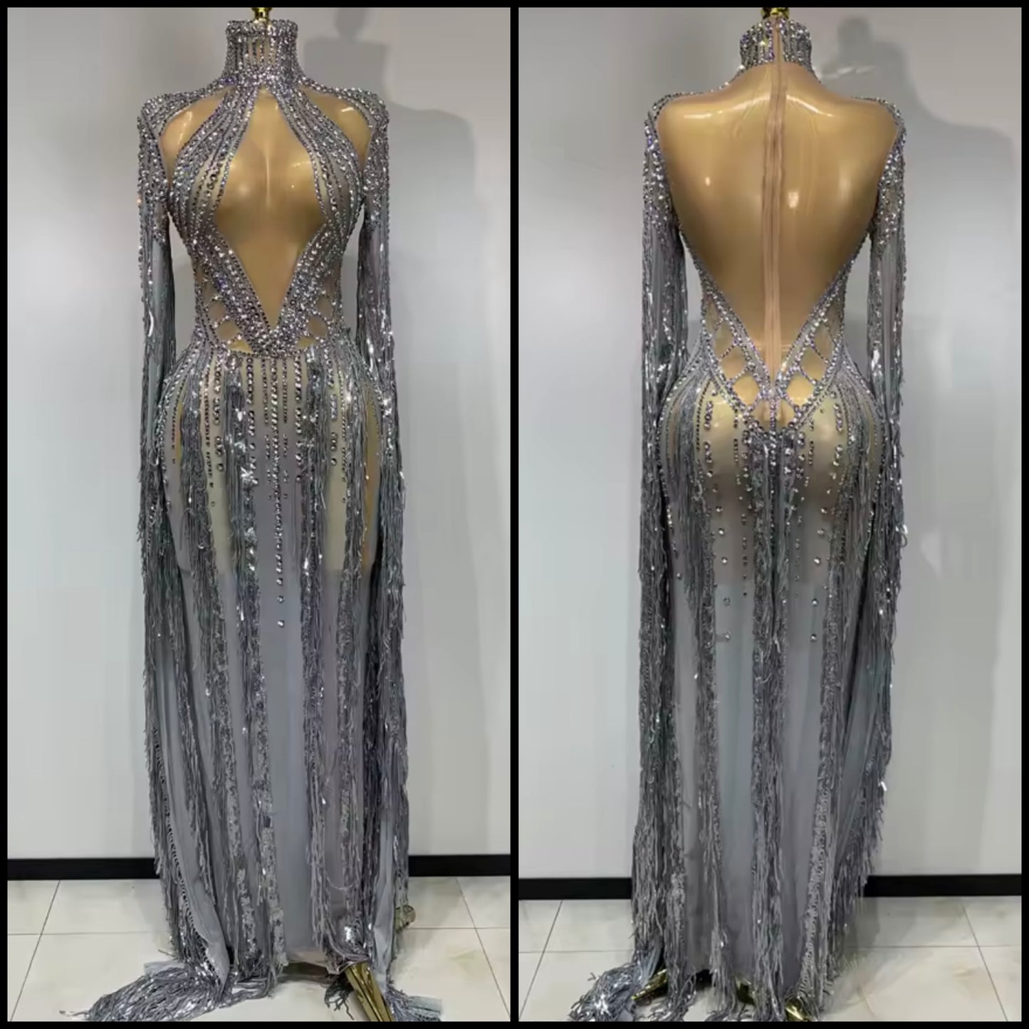 Silver Sexy Sequins Rhinestone Tassel See Through Maxi Dress