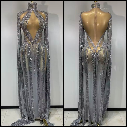 Silver Sexy Sequins Rhinestone Tassel See Through Maxi Dress