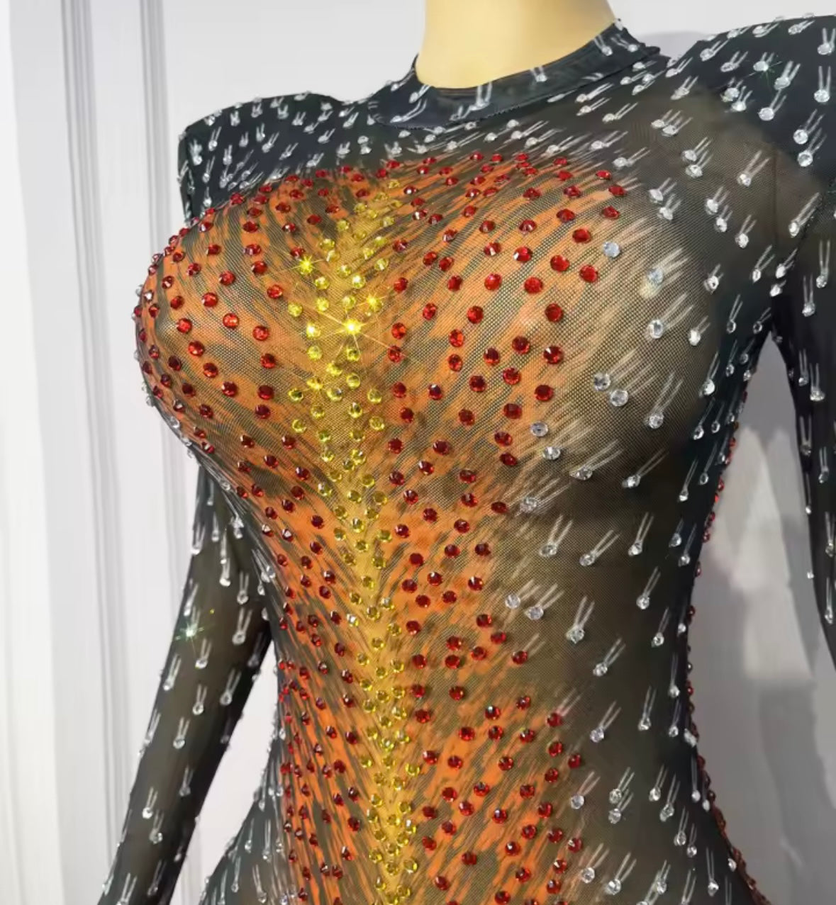 Sexy Rhinestone Glove Full Sleeve See Through Jumpsuit