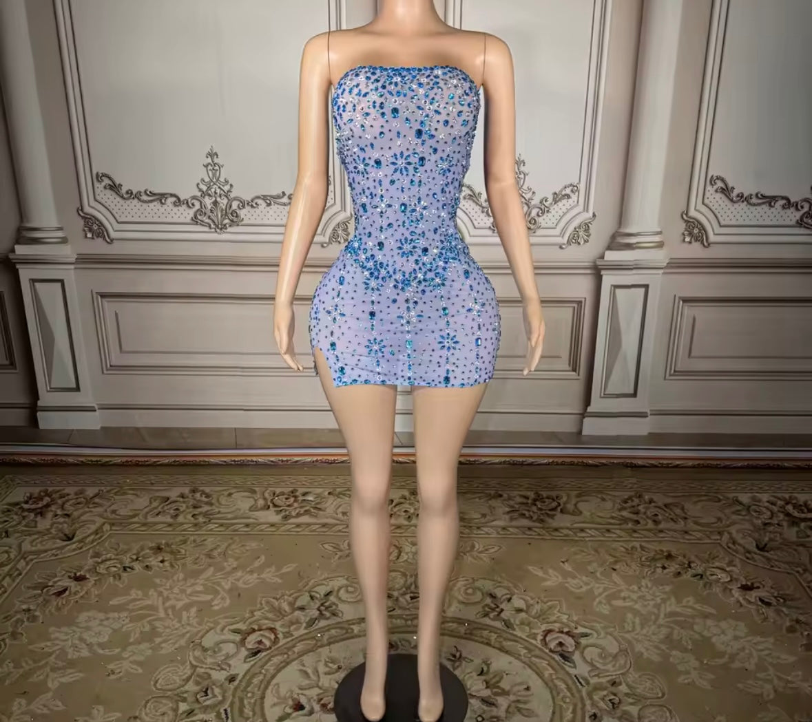 Sexy Blue Strapless Rhinestone Embellishment Short Dress