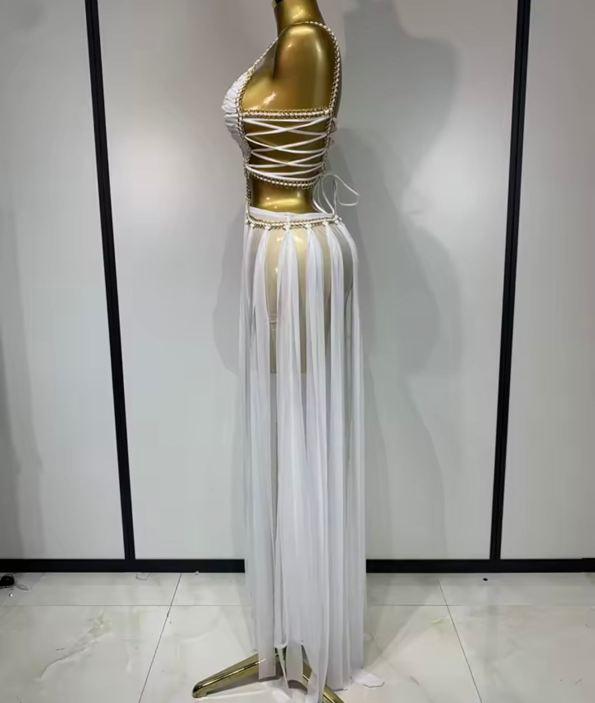 Sexy Sleeveless Chain Lace Up See Through Maxi Dress