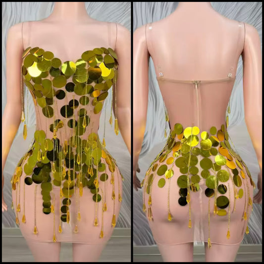 Sexy Sleeveless Gold Circle Sequins Tassel See Through Dress