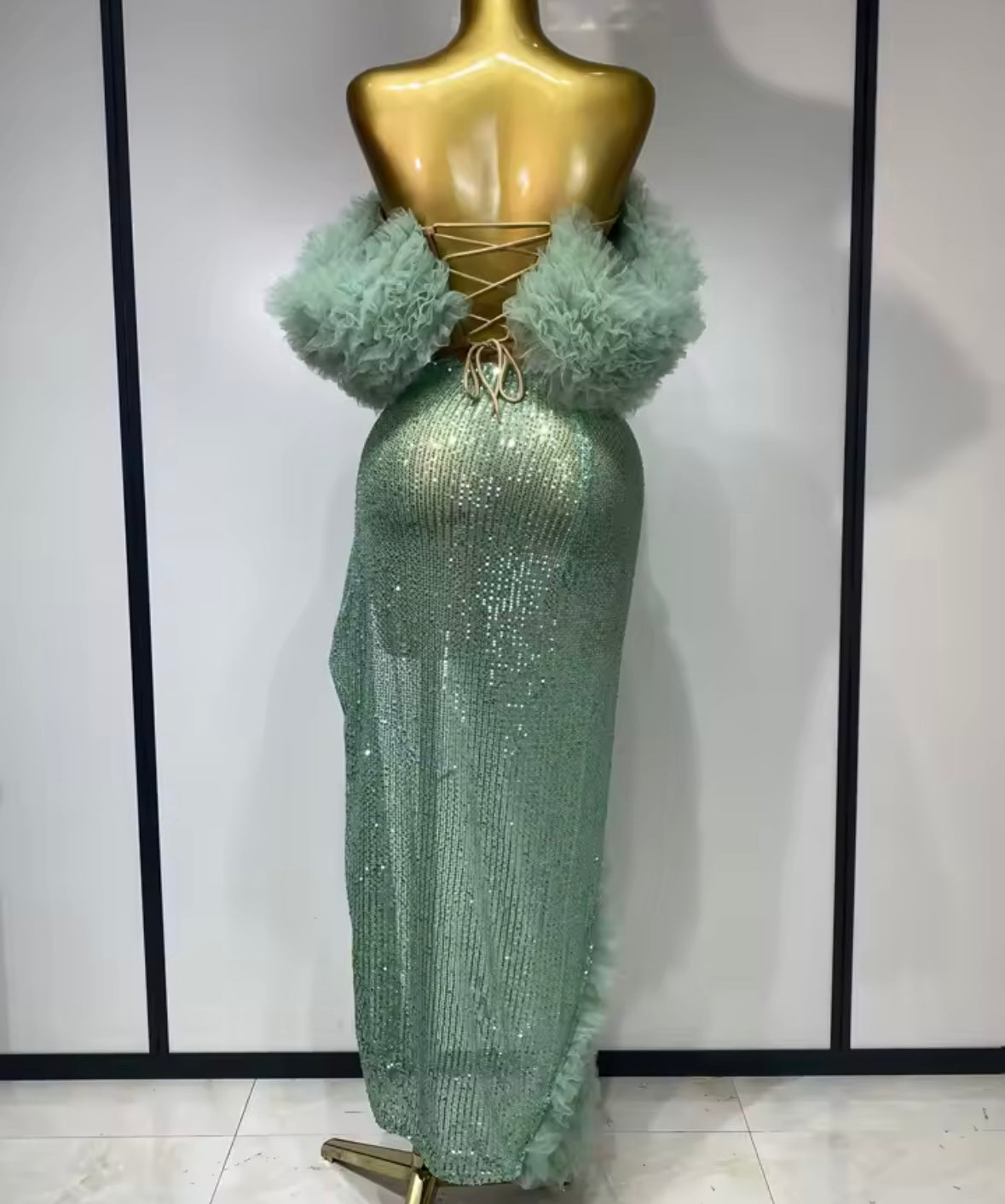 Sexy Ruffled Strapless Corset Two Piece Sequins Maxi Skirt Set