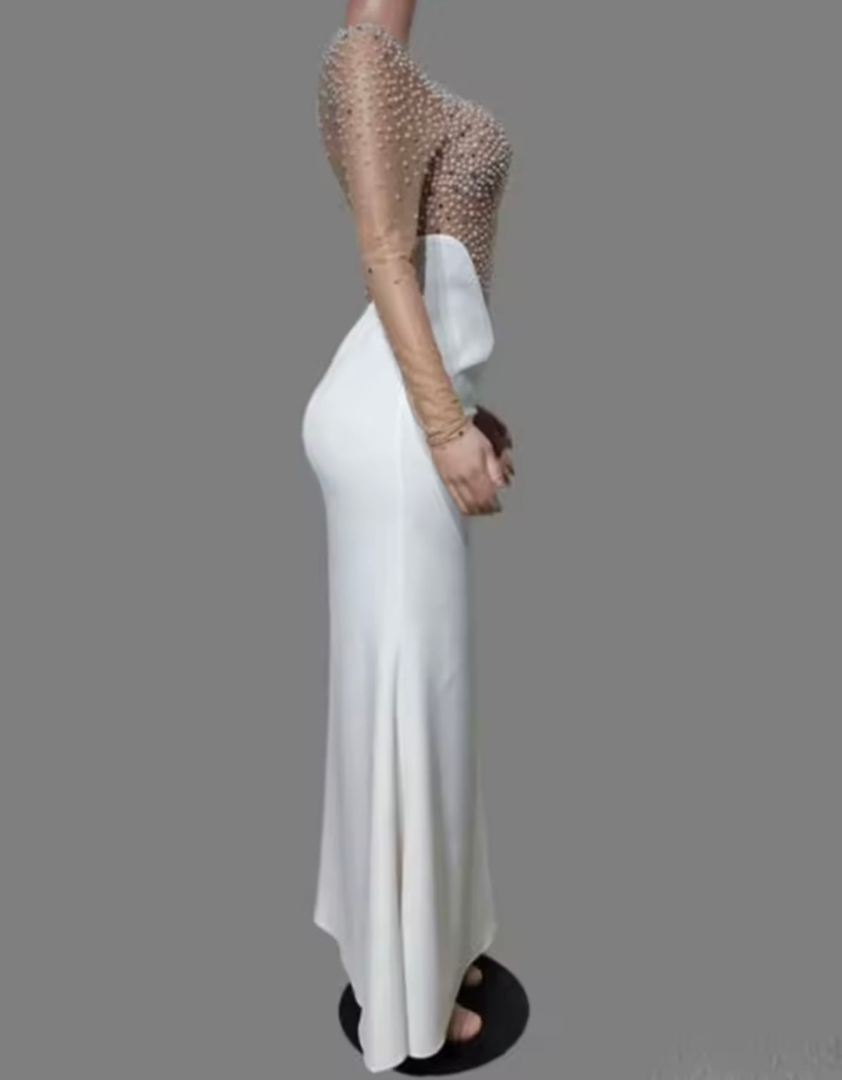 Sexy Beaded Rhinestone White Side Split Maxi Dress