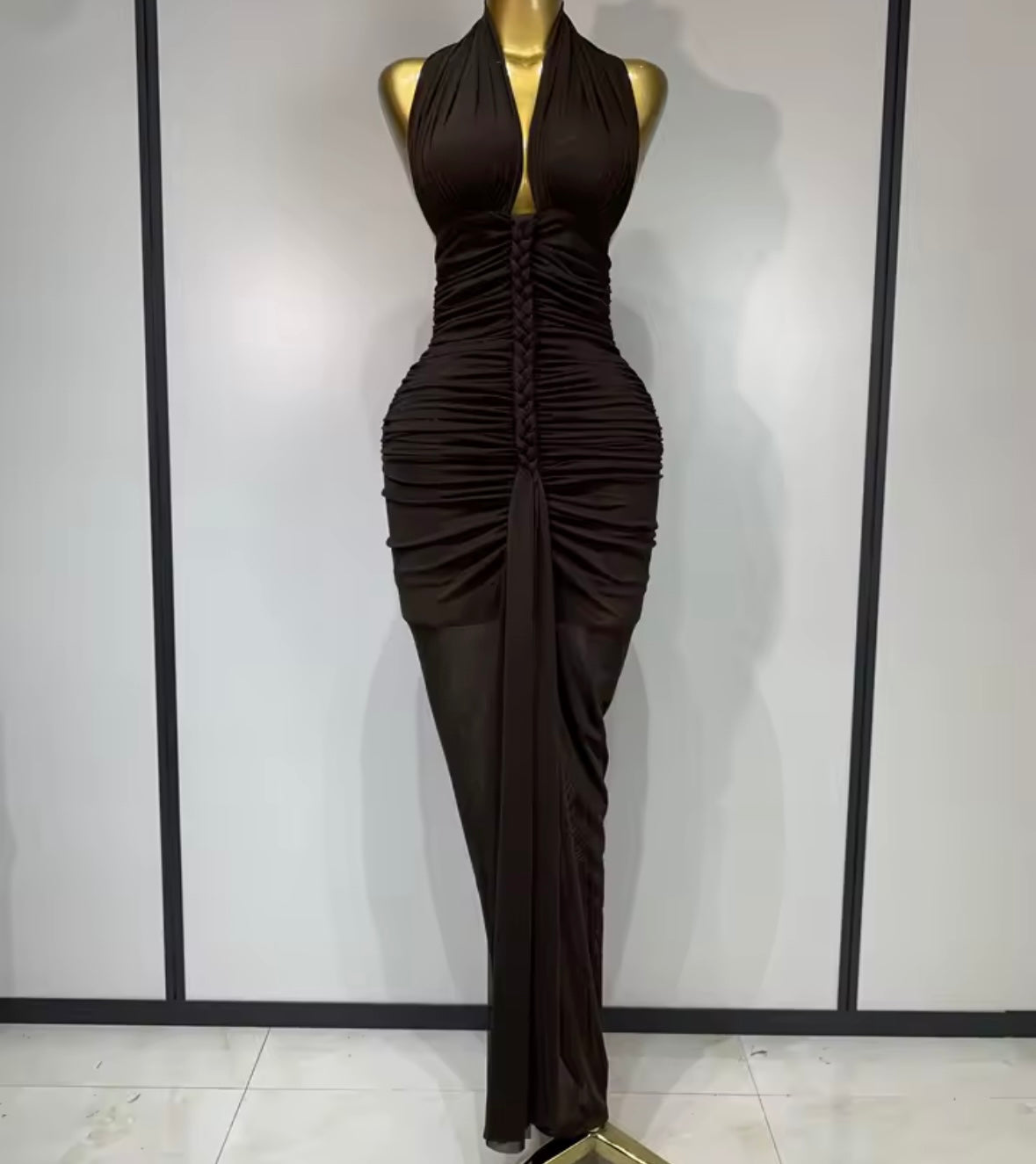 Sexy Brown Halter Sleeveless Ruched Maxi Dress