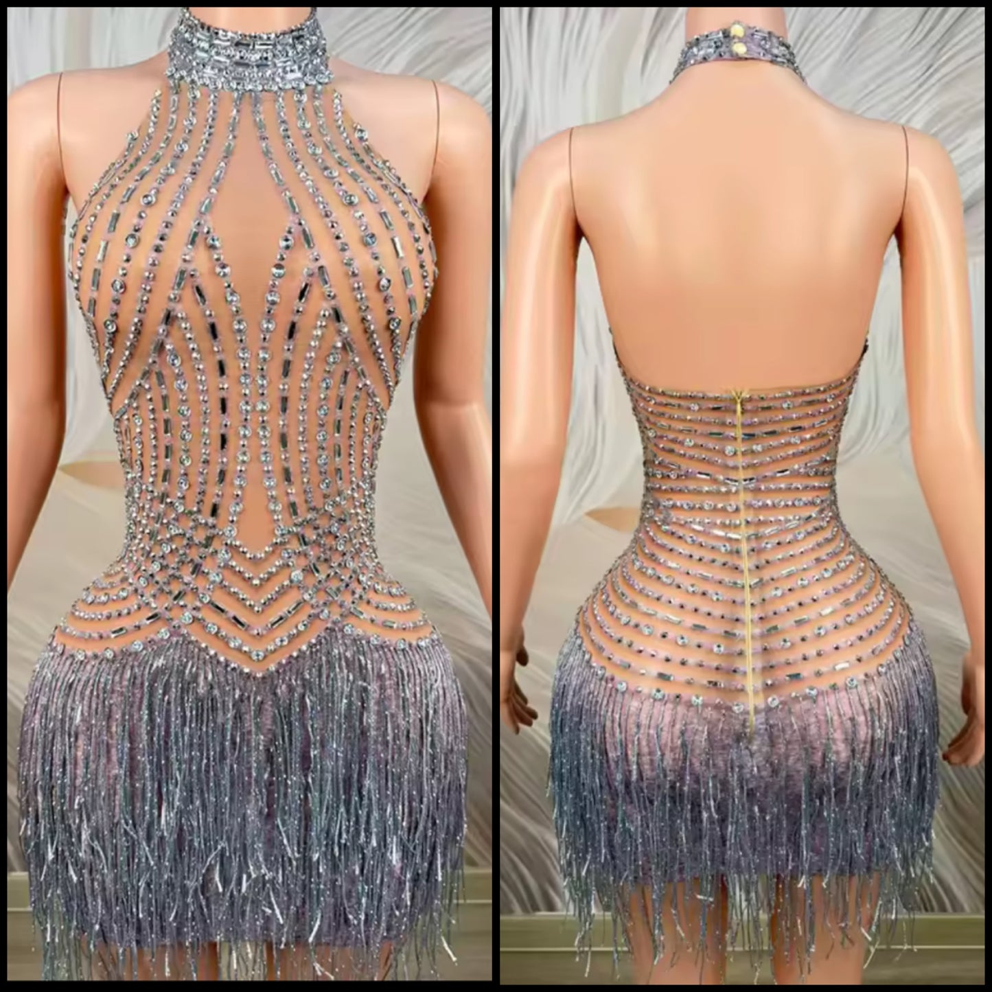 Halter Sleeveless Rhinestone Fringe Tassel Sexy Dress