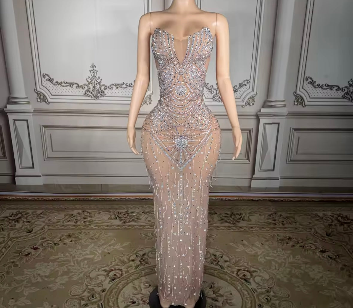 Sexy Strapless Rhinestone Embellishment Maxi Dress