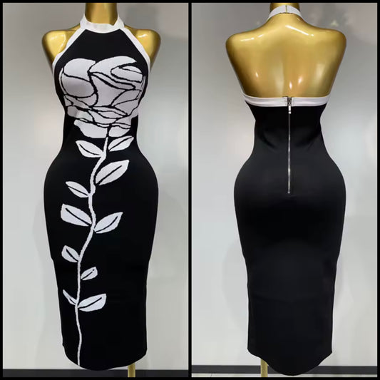 B&W Floral Print Halter Sleeveless Back Zipper Dress