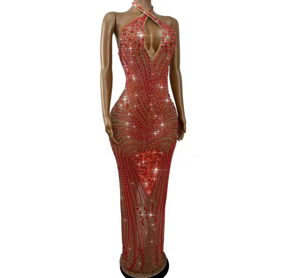Sexy Halter Sleeveless Rhinestone Embellishment Maxi Dress