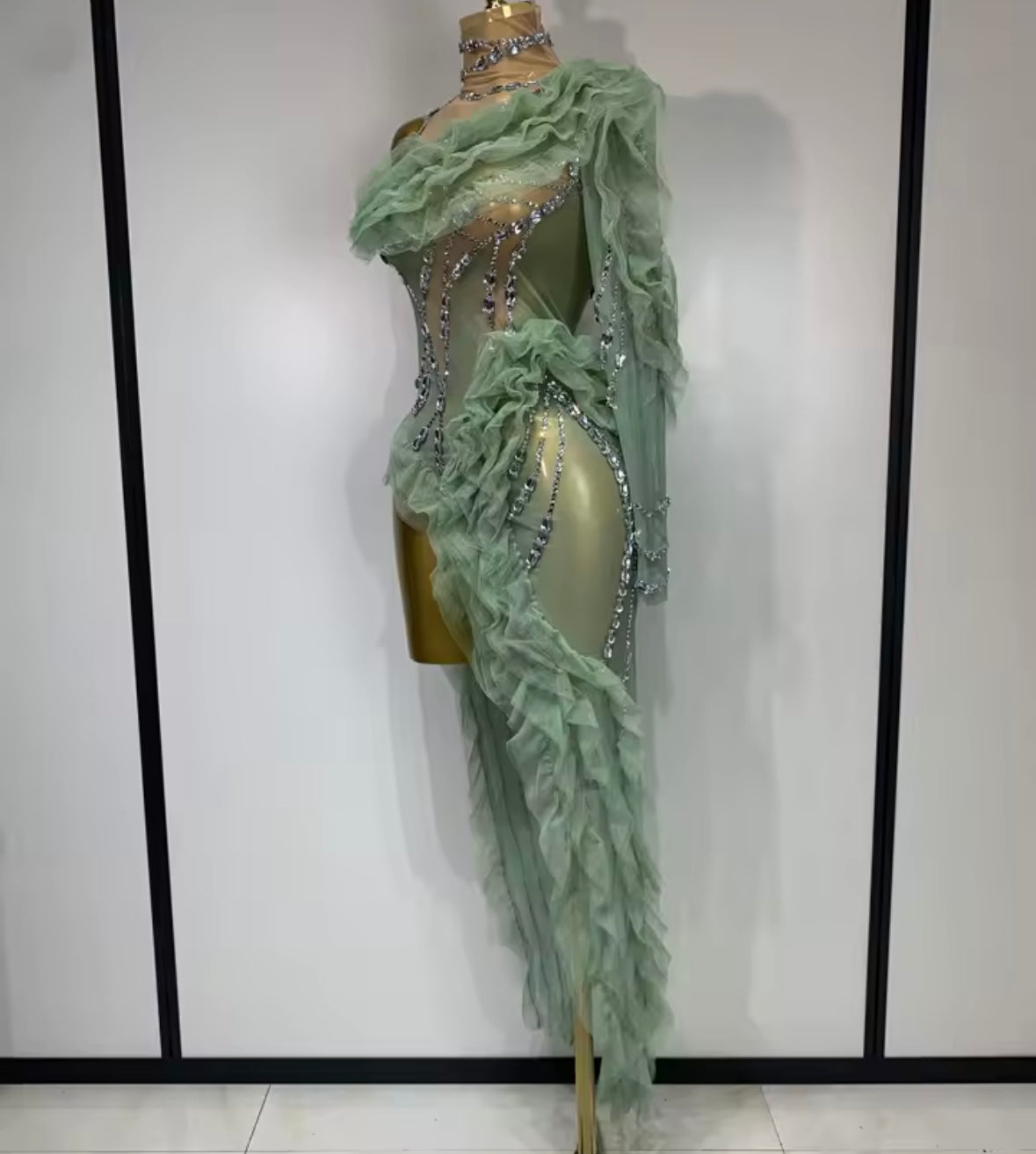 Sexy Green One Shoulder Ruffled Rhinestone See Through Dress
