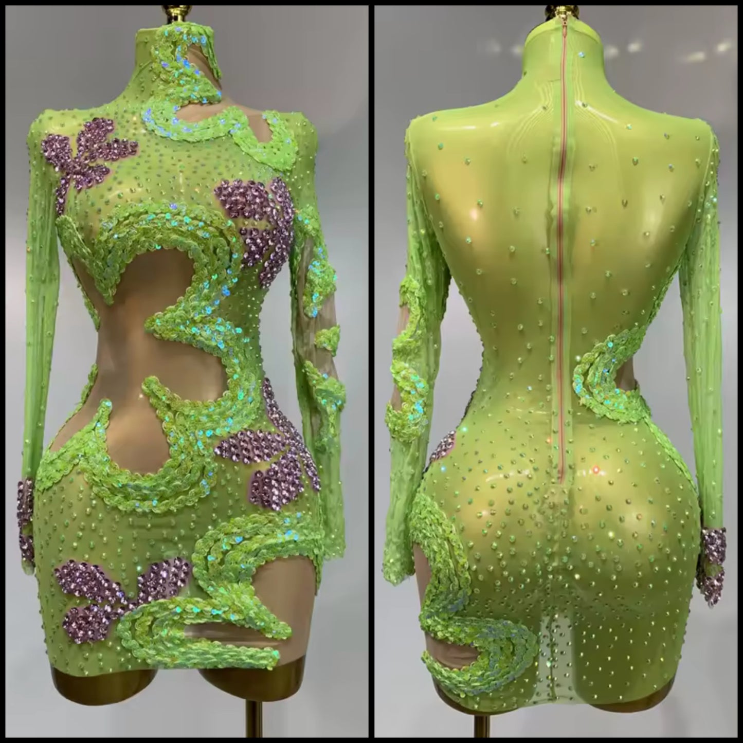Sexy Green Sequins Rhinestone Full Sleeve Dress