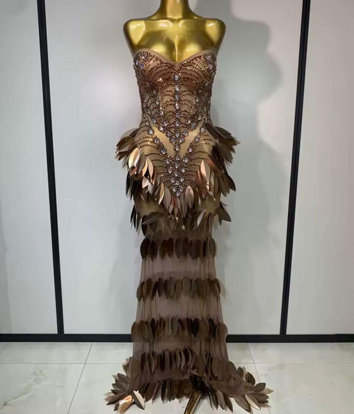 Elegant Brown Rhinestone Strapless Floor-Length Dress