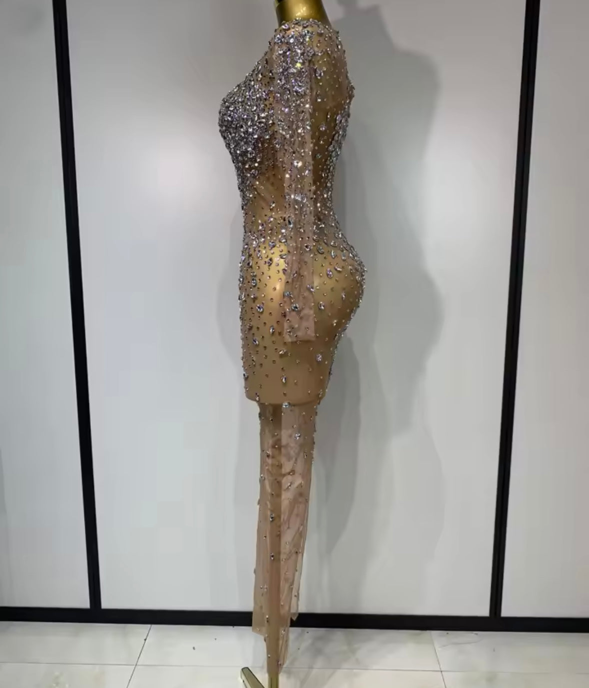 Sexy See Through Rhinestone Full Sleeve Long Dress