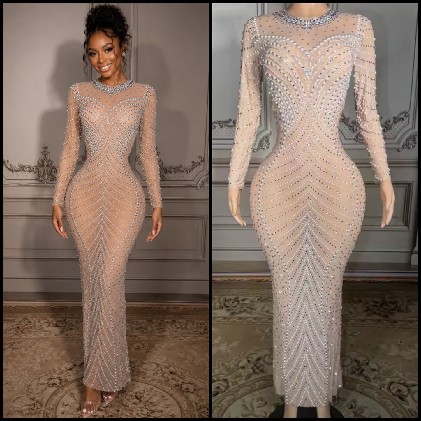 Sexy Pearl Rhinestone See Through Maxi Dress