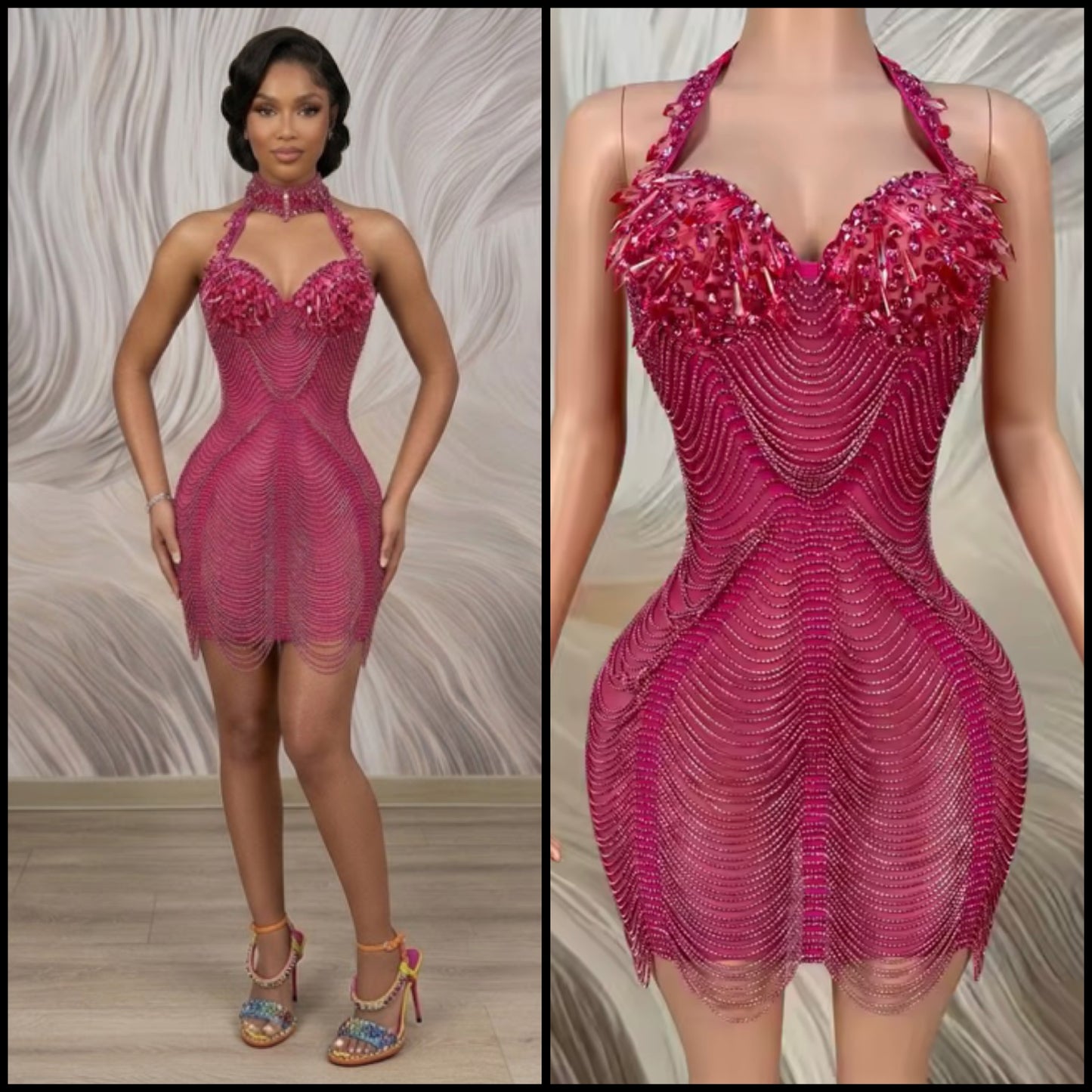 Sexy Halter Sleeveless Rhinestone Fringe Chain Dress