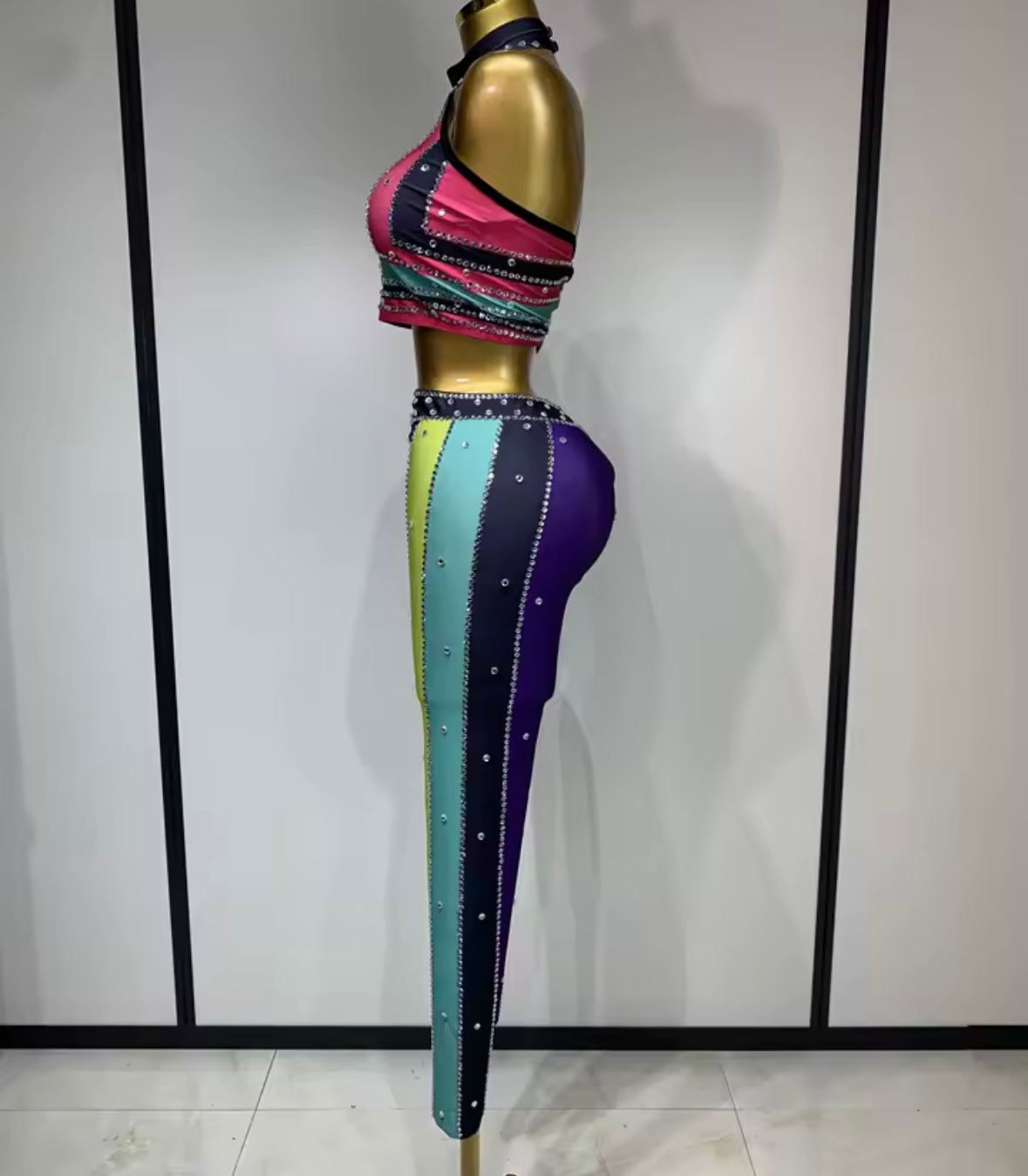 Sexy Multicolored Halter Crop Rhinestone Pant Set