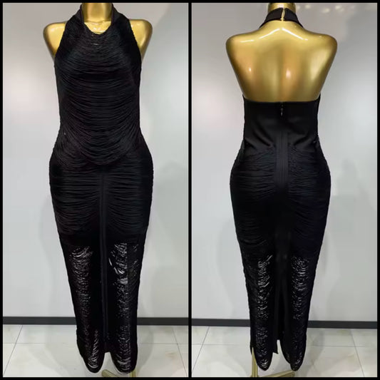 Sexy Black Halter Sleeveless Fringe Maxi Dress