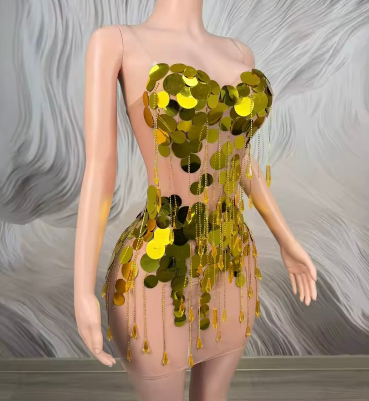 Sexy Sleeveless Gold Circle Sequins Tassel See Through Dress