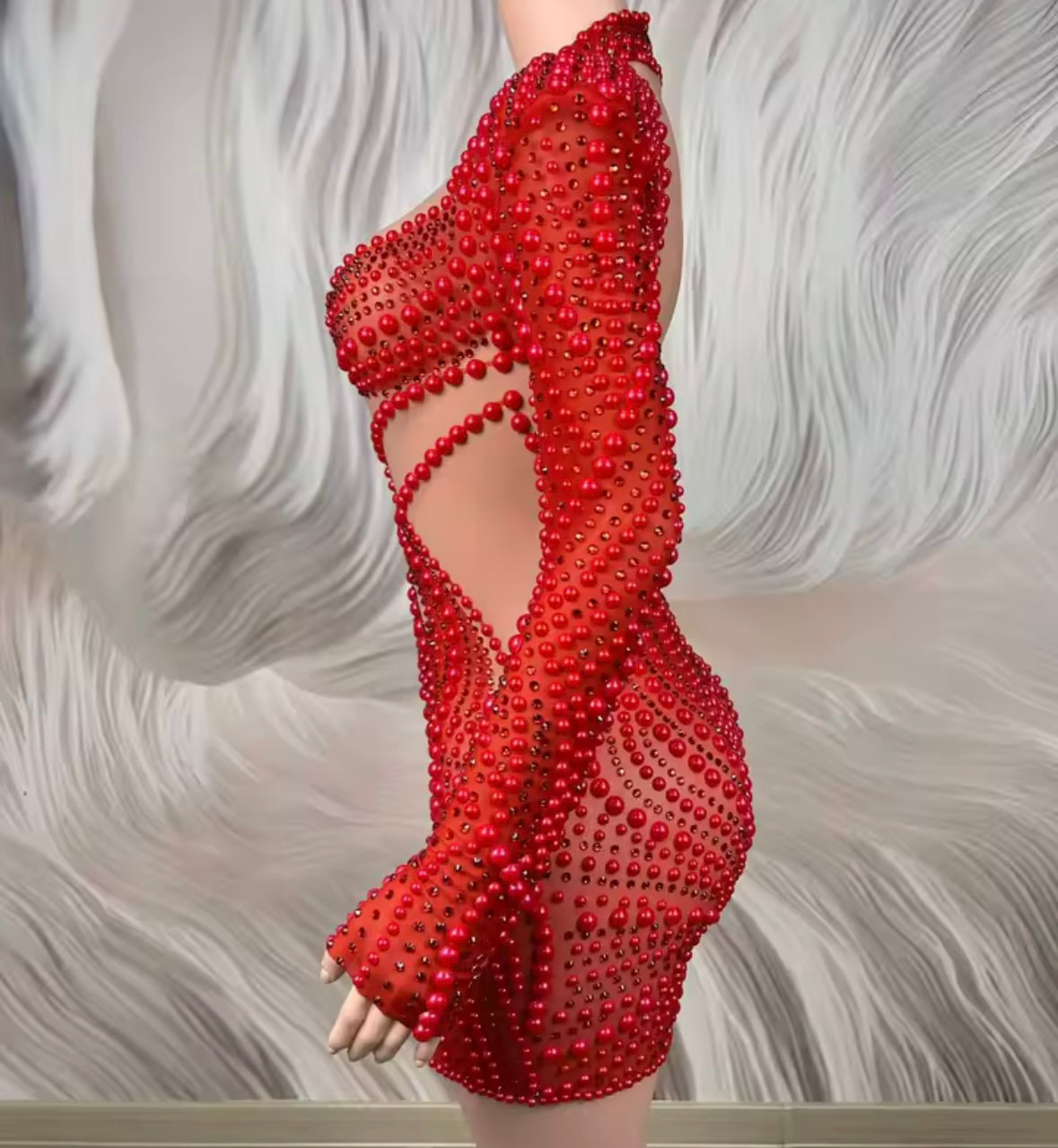 Red Sexy Beaded Rhinestone Full Sleeve Dress