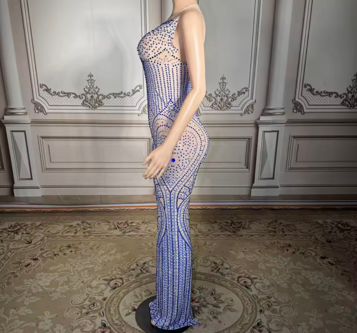 Sexy Sleeveless See Through Blue Rhinestone Embellishment Dress