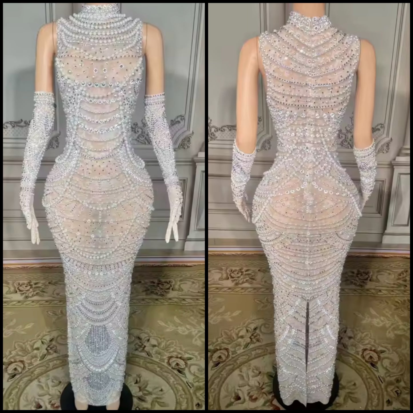 Sexy Beaded Rhinestone Glove See Through Maxi Dress