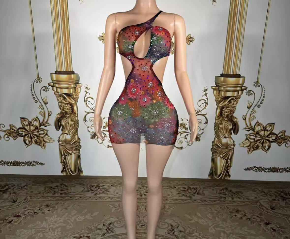 Sexy One Shoulder Sleeveless Colorful Rhinestone Dress