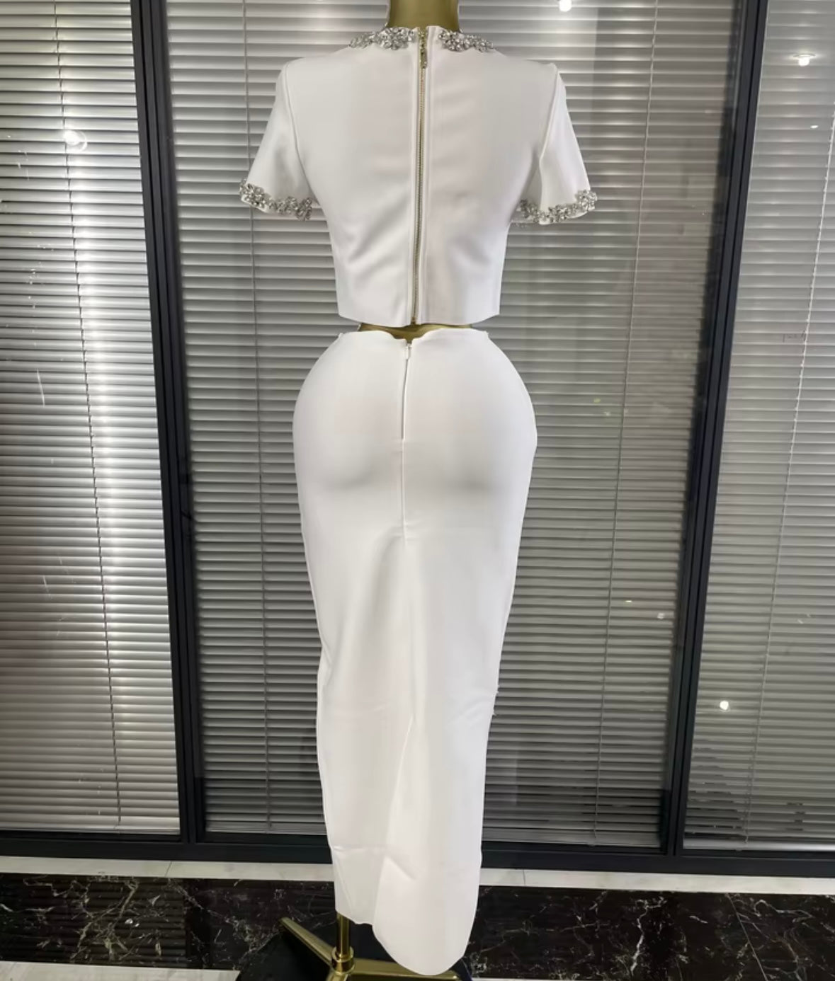 Elegant Rhinestone Embellishment Short Sleeve Maxi Skirt Set